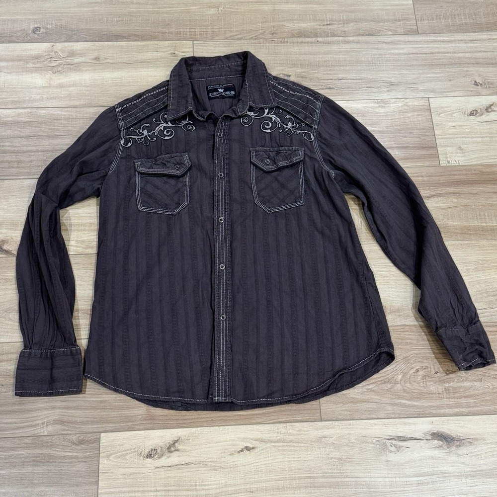 Pop Icon brown embroidered Y2K long sleeve mens button‎ up size L